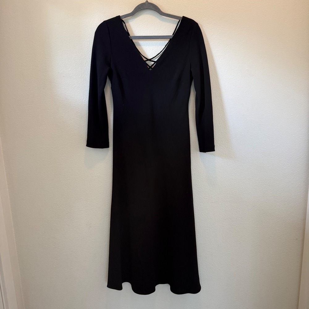 Lauren‎ Ralph Lauren Black Sequin Crisscross Back Midi Dress Long Sleeve Size 6 - Picture 3 of 11